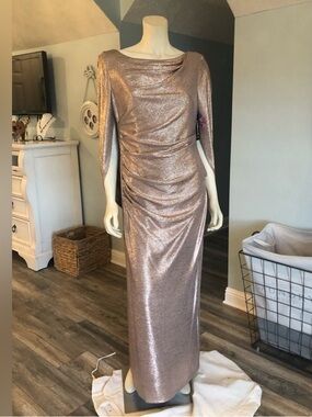 R & M Richards Long Rose Gold Formal Dress 14 NWT